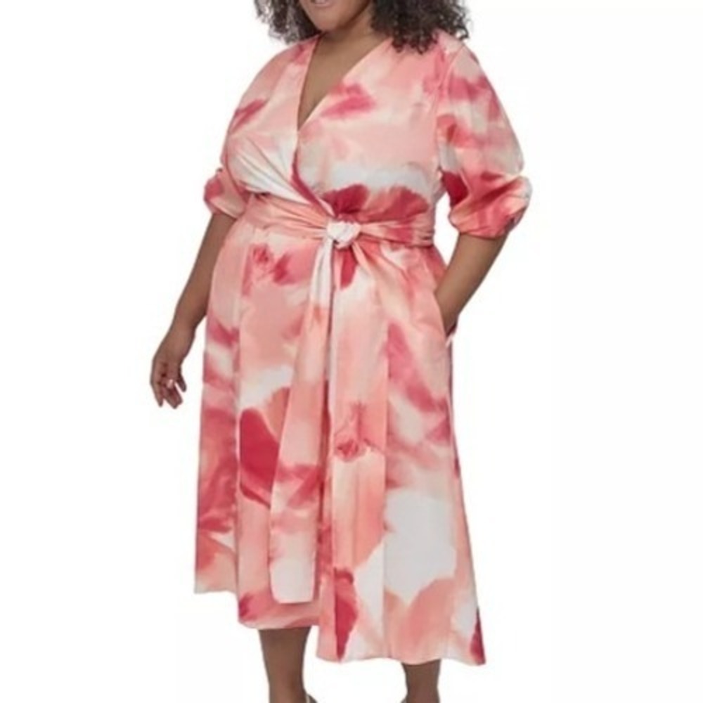DKNY Puff Sleeve Fit & Flare Surplice Neck Belted Dress Womens Size 20W NWT
